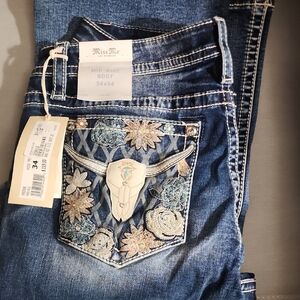 Miss Me Blue Jeans with Floral Embroidery